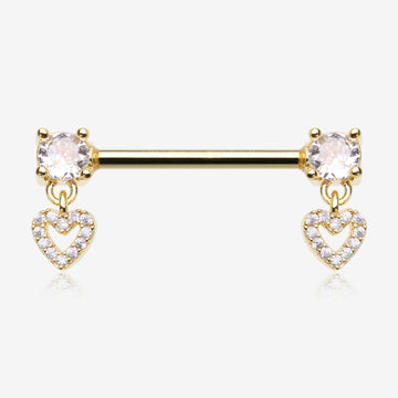 A Pair of Golden Brilliant Sparkle Heart Gem Hollow Dangle Nipple Barbell-Clear Gem